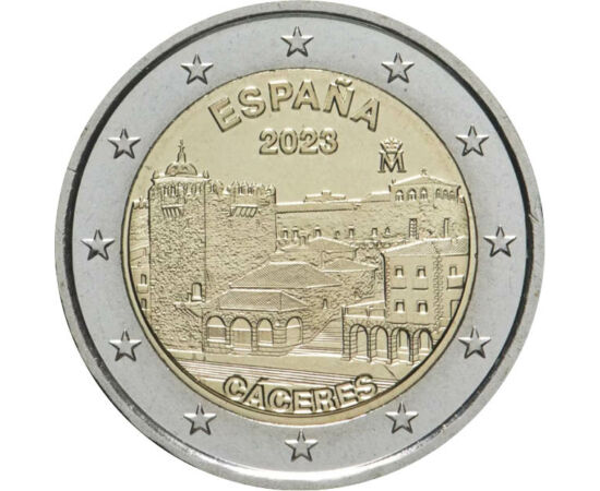 2 euro, Centrul vechi al oraşului Cáceres, cupru, nichel, 8,5 g, Spania, 2023