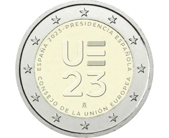 2 euro, UE 23 inscripţie, stele, cupru, nichel, 8,5 g, Spania, 2023