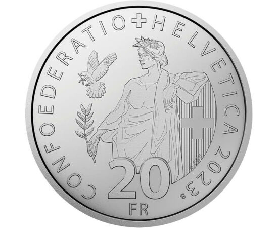 20 franci, Helvetia cu stemă, val. nom., , argint de 999,9/1000, 20 g, Elveţia, 2023