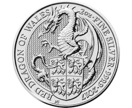5 lire, Dragon, stemă cu scut, , greutate, argint de 999/1000, 62,2 g, Marea Britanie, 2017