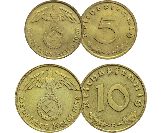2x1, 2, 2x5, 2x10, 2x50 pfennig, 1, 2, 5 mărci, ,  , 0, Al Treilea Reich, 1933-1945