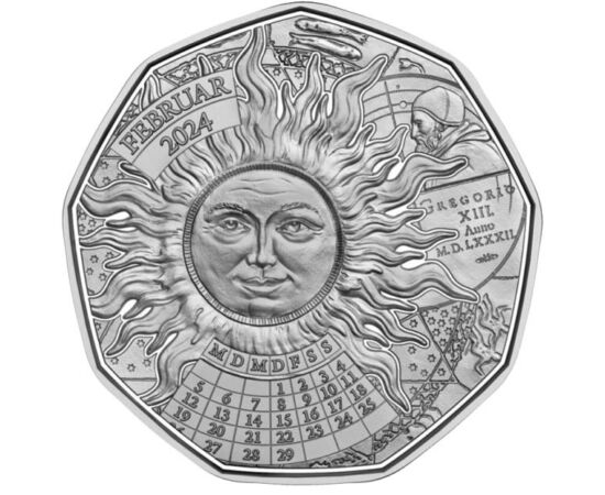 5 euro, Soarele, calendar, Un an bisect norocos, argint de 925/1000, 7,779 g, Austria, 2024