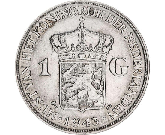 1 gulden, Portretul reginei Wilhelmina, argint de 720/1000, 10 g, Indiile de Est Olandeze, 1943