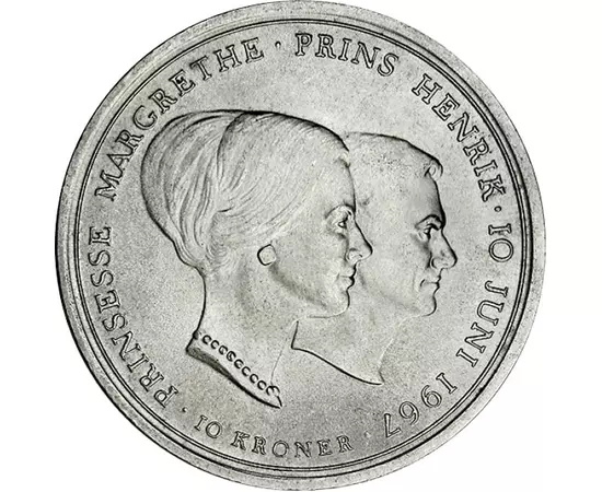 10 coroane, Margareta a II-a, prinţul Henrik, argint de 800/1000, 20,5 g, Danemarca, 1967
