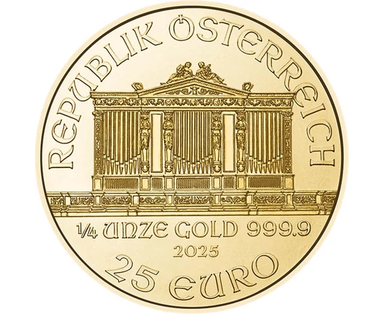 25 euro, Filarmonicii din Viena, instrumente, aur de 999,9/1000, 7,78 g, Austria, 2025