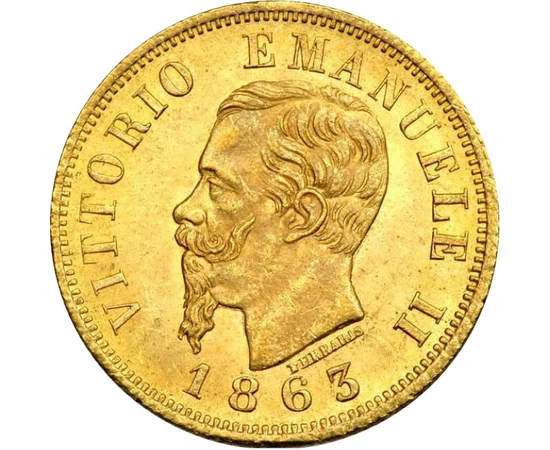  10 lire, Stemă, Au, 1863-1865, Italia