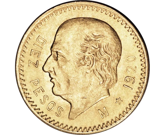 10 peso, Stema Mexicului, vulturul cu şarpe, aur de 900/1000, 8,333 g, Mexic, 1905-1959