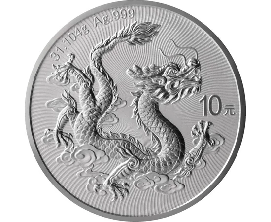 10 yuani, Ilustrare dragon, val.nom., greutate, argint de 999/1000, 31,1 g, China, 2025