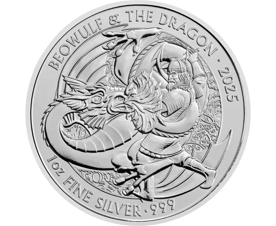 2 lire, Lupta lui Beowulf cu dragonul, , argint de 999/1000, 31,1 g, Marea Britanie, 2025