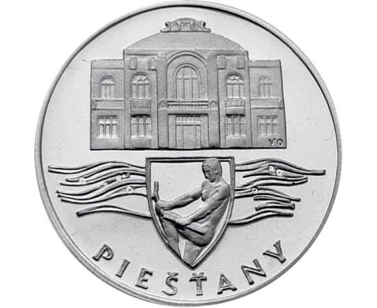 50 coroane, Stema oraşului Piestany, cladire spa, argint de 700/1000, 7 g, Cehoslovacia, 1991
