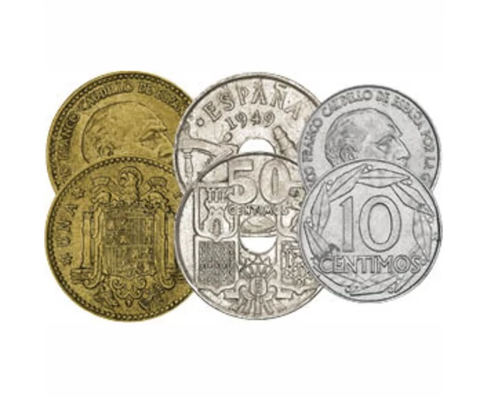 10, 50 centimo, 1, 2,5, 5 peseta, ,  , 0, Spania, 1949-1963