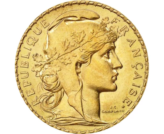 20 franci, Marianne, purtând boneta frigiană, aur de 900/1000, 6,45 g, Franţa, 1899-1914