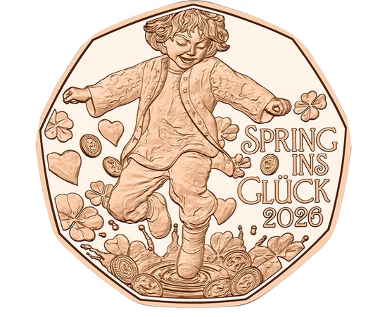 5 euro, Copil sărând în băltoacă, inimi, trifoi, cupru, nichel, 7,78 g, Austria, 2026
