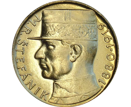 10 coroane, Milan Rastislav Štefánik, 1880-1919, cupru, nichel, placat cu aur, 7,7 g, Republica Federală Cehă și Slovacă, 1991-1993