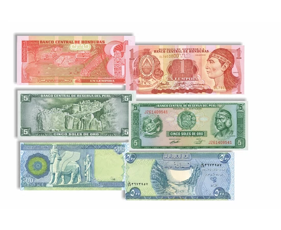 1 lempira 1 shekel 5 sole 1000 lire 500 dinari    0 Honduras Israel Peru Turcia Irak ND
