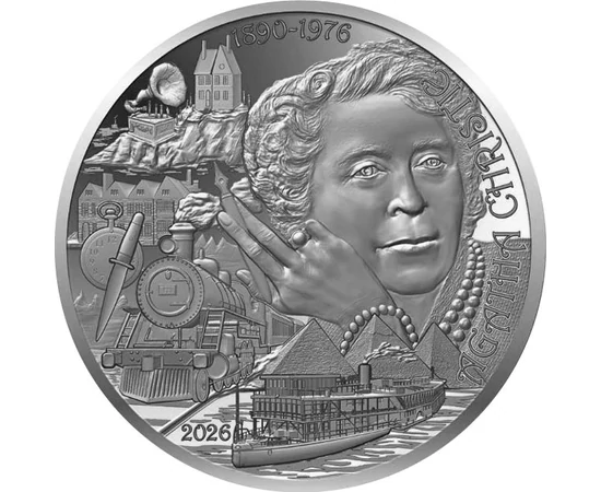 20 euro, Agatha Christie, locomotivă, vapor, case, argint de 999/1000, 31,1 g, Franţa, 2026