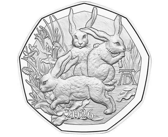 5 euro, Dürer, trei iepuri, , argint de 925/1000, 8,41 g, Austria, 2026