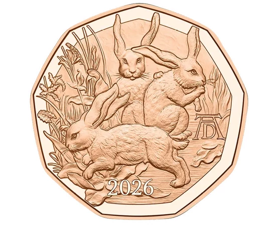 5 euro, Dürer, trei iepuri, , cupru, nichel, 8,9 g, Austria, 2026