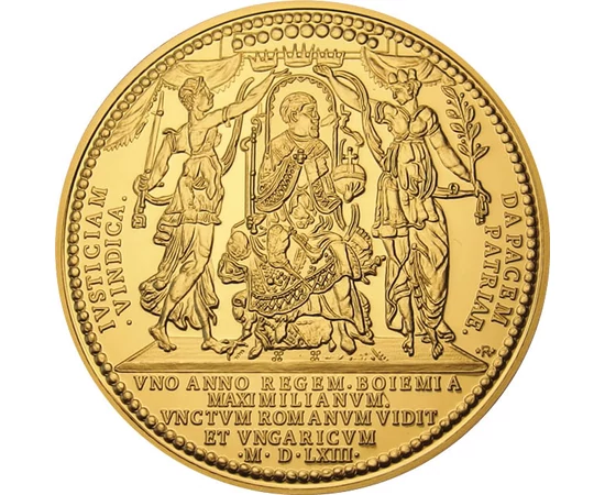 medalie placată cu aur, replică, Păun cu pene purtând steme provinciale, cupru, nichel, placat cu aur, 35 g, Imperiul Austriac, piesa originală: 1563, eredeti érme: 1563