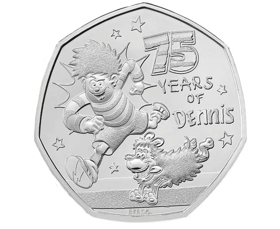 50 pence, Dennis, puştiul poznaş, câinele Caffat, cupru, nichel, 8 g, Marea Britanie, 2026