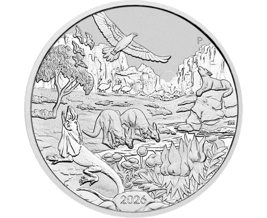 1 dolar, Adăpătoare, canguri, vulturi, emu, , argint de 999,9/1000, 31,1 g, Australia, 2026