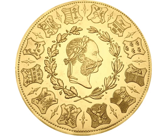 4 ducaţi, replică, Francisc Iosif I, 12 steme, cupru, nichel, placat cu aur, 24 g, Monarhia Austro-Ungară, piesa originală: 1873