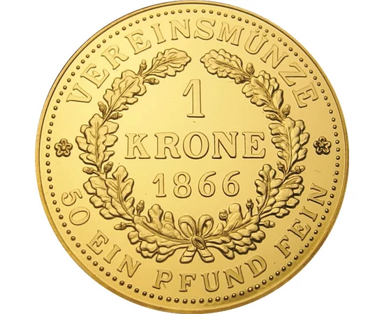1 coroană, replică, Francisc Josif, semnul monetăriei, cupru, nichel, placat cu aur, 11,4 g, Monarhia Austro-Ungară, piesa originală: 1866