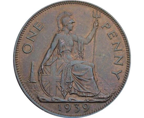 1 penny, Britannia cu scut, val. nom., , cupru, nichel, 9,45 g, Marea Britanie, 1937-1948