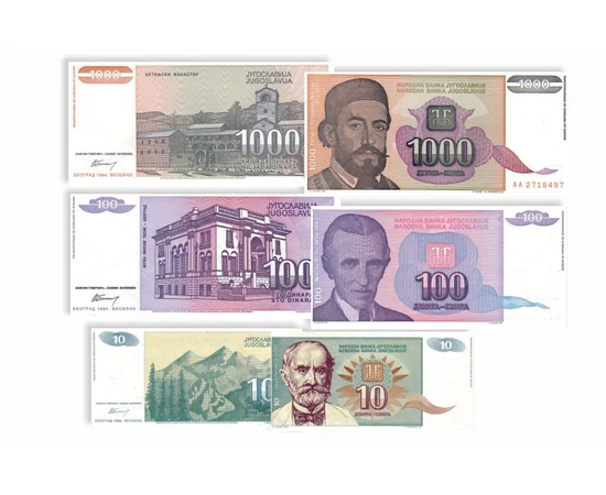 10, 100, 1.000, 5.000, 50.000, 500.000 dinari, ,  , 0, Iugoslavia, 1994