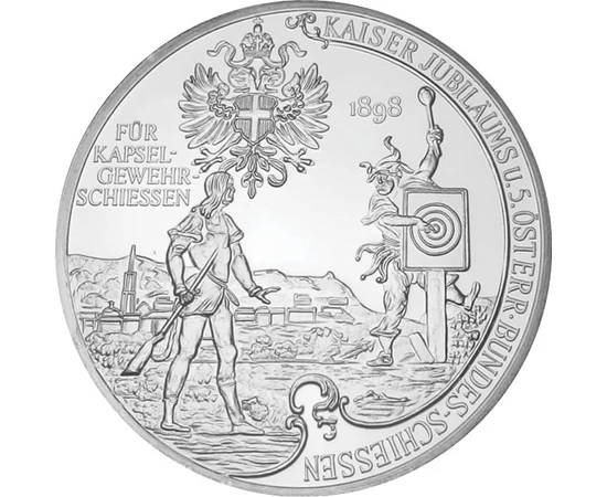 5 coroane replică Imagine cu o ţintă de tir stemă  aliaj de cupru placat cu argint 254 g Monarhia Austro-Ungară piesa originală: 1898