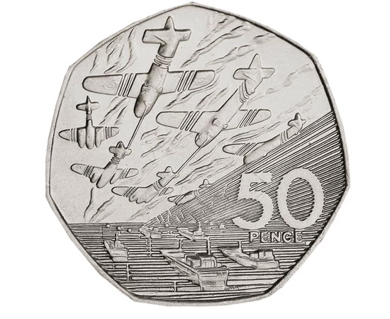 50 pence, Debarcarea din Normandia, val. nom., cupru, nichel, 13,5 g, Marea Britanie, 1994