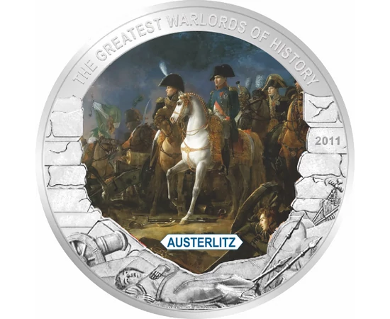 5 dolari  Bătăliile victorioase ale lui Napoleon  pictată  placată cu argint  Liberia  2011  În urmă cu 200 de ani  pe 5 mai 1821  împăratul Napoleon Bonaparte a murit în exil pe insula Sf. Elena.
