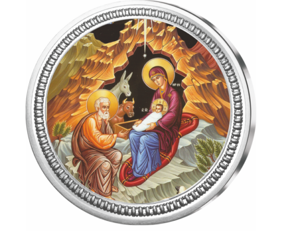 // medalie, Naşterea lui Iisus Hristos, argint pur, ,  // Naşterea lui Iisus Hristos este sărbătoarea creştină celebrată la 25 decembrie în fiecare an. Medalia pictată reprezintă naşterea Domnului, „Sfânta Familie” este înfăţişată într-o peşteră, unde Fec