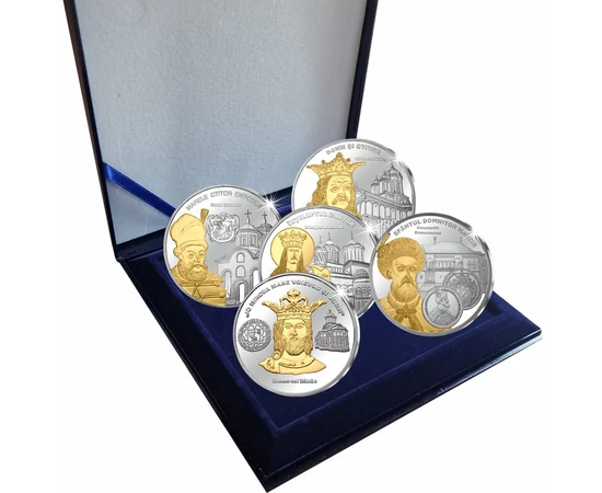 Domnitori renumiţi din Ţara Românească, medalii înnobilate cu aur şi argint, în set, România
