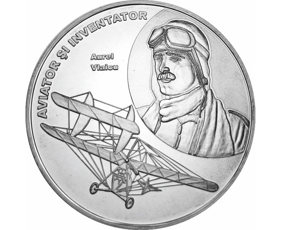 // medalie placată cu argint, Aurel Vlaicu, calitate proof, România,  // Aurel Vlaicu, inginer şi inventator, pionier al aviaţiei române. Între anii 1909-1911 a construit două avioane Vlaicu I şi Vlaicu II, cu al doilea a câştigat cinci premii la mitingul