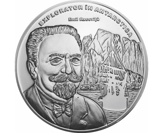 // medalie placată cu argint, Emil Racoviţă, calitate proof, România,  // Biolog român de renume mondial, explorator polar, fondator al biospeologiei şi al primului institut de speologie din lume. În ani 1897-1899, a participat la o expediţie în Antarctid