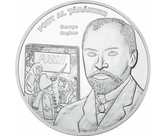 // medalie, George Coşbuc - medalie placată cu argint, placată cu argint, ,  // George Coşbuc - Poet român, critic literar, învăţător şi traducător, în poeziile sale apar momente din istoria naţională, din viaţa ţăranului român. A păstrat spiritul autenti