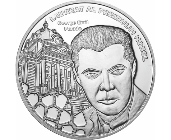 // medalie placată cu argint, George Emil Palade, calitate proof, România,  // George Emil Palade a fost medic şi om de ştiinţă, specialist în domeniul biologiei celulare. În anul 1974 a primit premiul Nobel pentru fiziologie şi medicină, împreună cu alţi