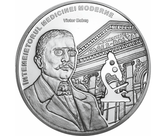 // medalie placată cu argint, Victor Babeş, calitate proof, România,  // Victor Babeş, bacteriolog şi medic, a fost unul dintre fondatorii microbiologiei moderne, autorul primului tratat de bacteriologie din lume. 