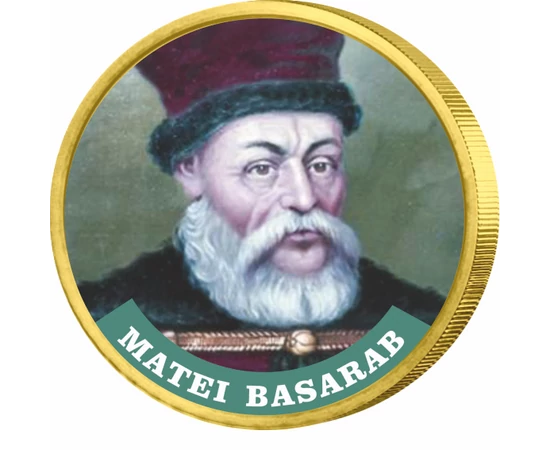 // 50 cenţi, Matei Basarab, monedă, CuNi, UE, 2002-2019 // Matei Basarab a fost domnitor al Ţării Româneşti între anii 1632 şi 1654. Ca protector al vieţii spirituale a românilor, atât a celei religioase cât şi a celei culturale, a ridicat din temelie 46 
