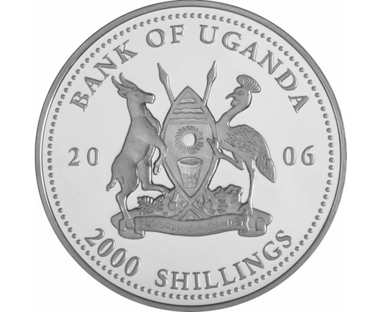 // 2000 şilingi  pictat  placat cu argint  Uganda  2006 // - Pe această monedă pictată apare leopardul  animalul din Africa ameninţat cu dispariţie. Inscripţia monedei „Protecţia faunei africane” ne atrage atenţia asupra acestei specii pe cale de dispariţ