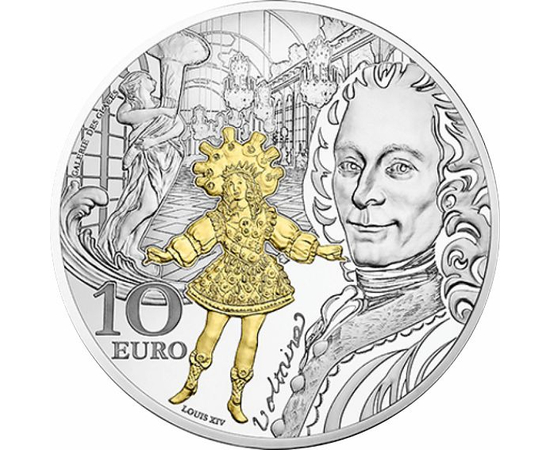 // 10 euro, Baroc és rococo, monedă argint, placată cu aur, Franţa, 2018 // Voltaire s-a născut la Paris, a fost propagatorul iluminismului, acest curent fiind motorul secolului al  XVIII-lea, cât şi al dezvoltării identităţii naţionale, izvorul Revoluţie