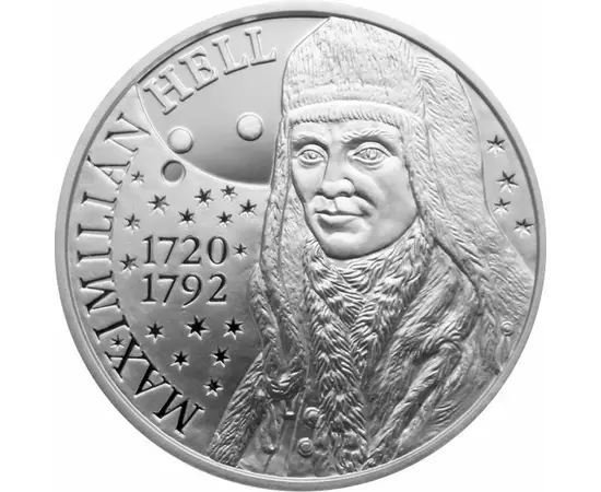 // Maximilian Hell, savant astronom, 10 euro, argint de 900/1000, Slovacia, 2020 // - Savant apreciat în secolul al XVIII-lea, a fost primul care a calculat distanţa dintre Pământ şi Soare. A fost întemeietorul Observatorului Astronomic din Cluj, apoi dir