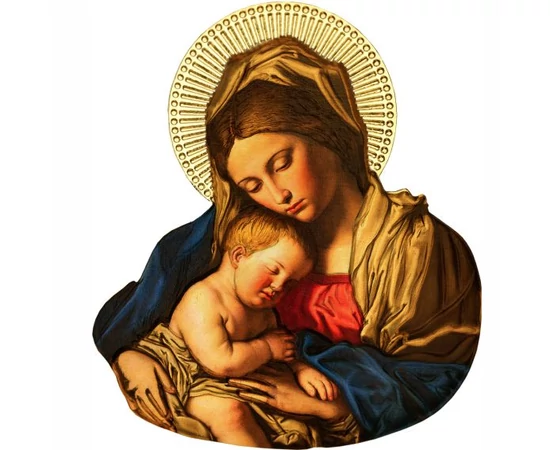 Fecioara Maria cu Pruncul, 2 cedi, monedă pictată şi placată cu aur, Ghana, 2021