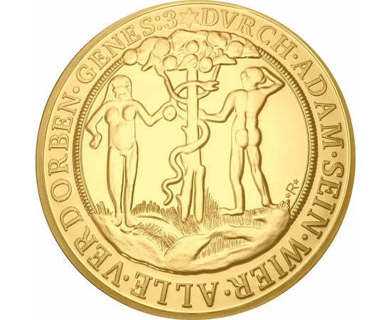 // 6 ducaţi, replică, Căderea lui Adam şi a Evei, cupru placat cu aur, moneda originală: Imperiul Habsburgic, 1557,  // Originalul acestei monede din aur de 6 ducaţi, cu greutatea de 20,75 g, a fost emisă în 1557 de împăratul Ferdinand I. Pe avers este în