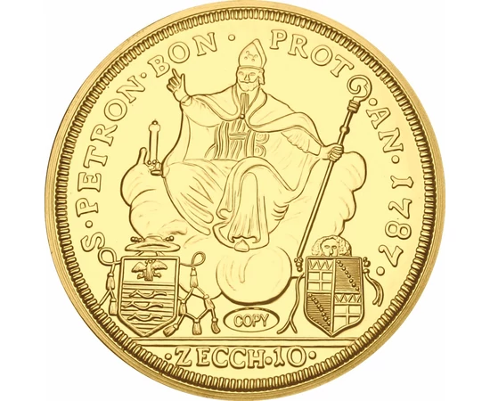 // 10 zecchino, replică, Drumul zadarnic al lui Pius al VI-lea, cupru placat cu aur, moneda originală: Vatican, 1778,  // Papa Pius al VI-lea, ales papă în 1775, s-a confruntat cu iosefismul austriac. S-a dus personal la Viena pentru a convinge pe împărat