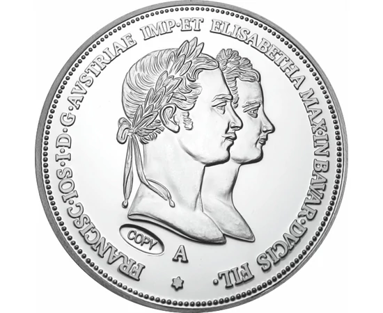 // un gulden, replică, Logodna regală - un gulden, replică , placată cu argint, originalul: Imperiul Austriac, 1854,  // Împăratul Francisc I a cunoscut-o pe prinţesa Elisabeta în anul 1853, după scurt timp a logodit-o şi pe 24 aprilie 1854 la biserica Au