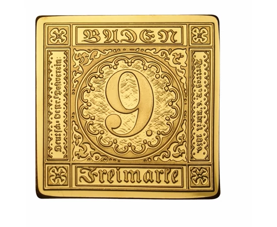 Baden, 9 creiţari, 1851, medalie-timbru placată cu aur