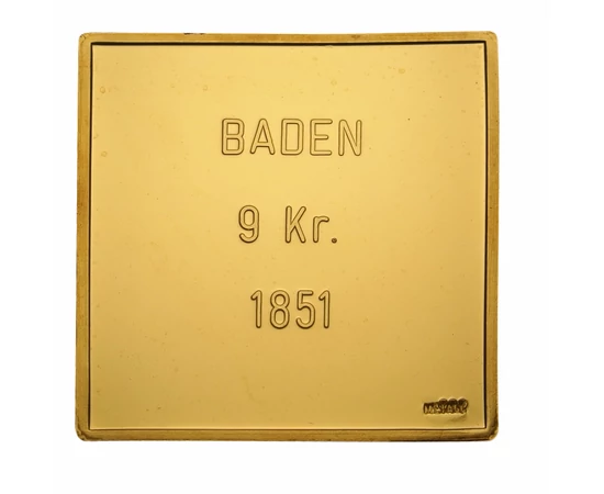 Baden, 9 creiţari, 1851, medalie-timbru placată cu aur