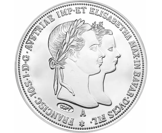 // doi guldeni, replică, Nunta regală - doi guldeni, replică, placată cu argint, originalul: Imperiul Austriac, 1854,  // Împăratul Francisc I a cunoscut-o pe prinţesa Elisabeta în anul 1853, după scurt timp a logodit-o şi pe 24 aprilie 1854 la biserica A